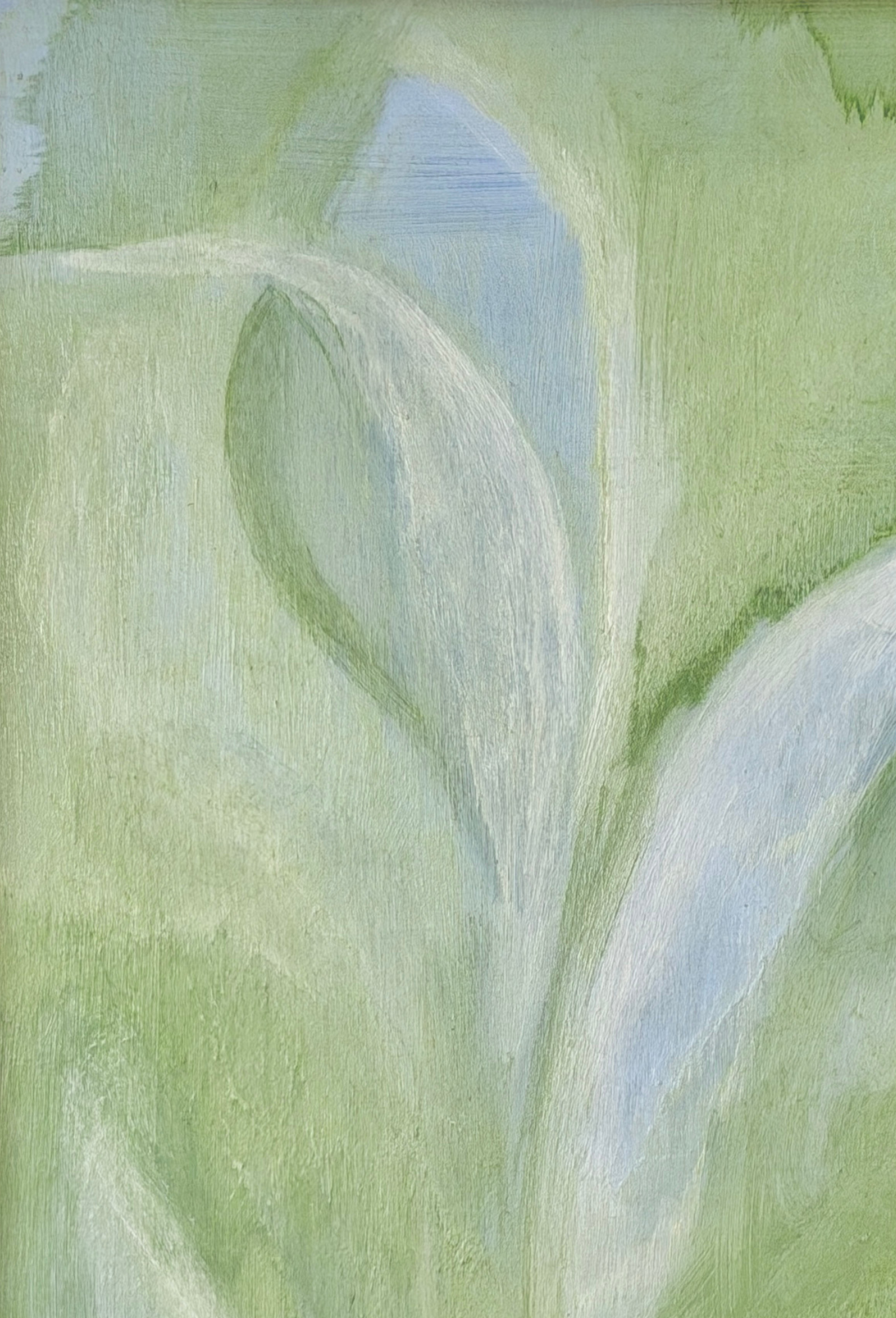 Abstract painting with wavy green and blue patterns