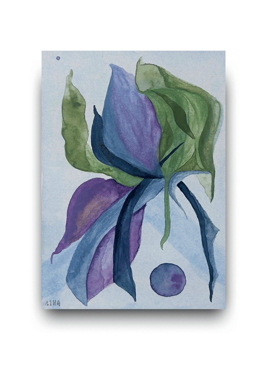 Artistic depiction of purple and green leaves on a light blue background