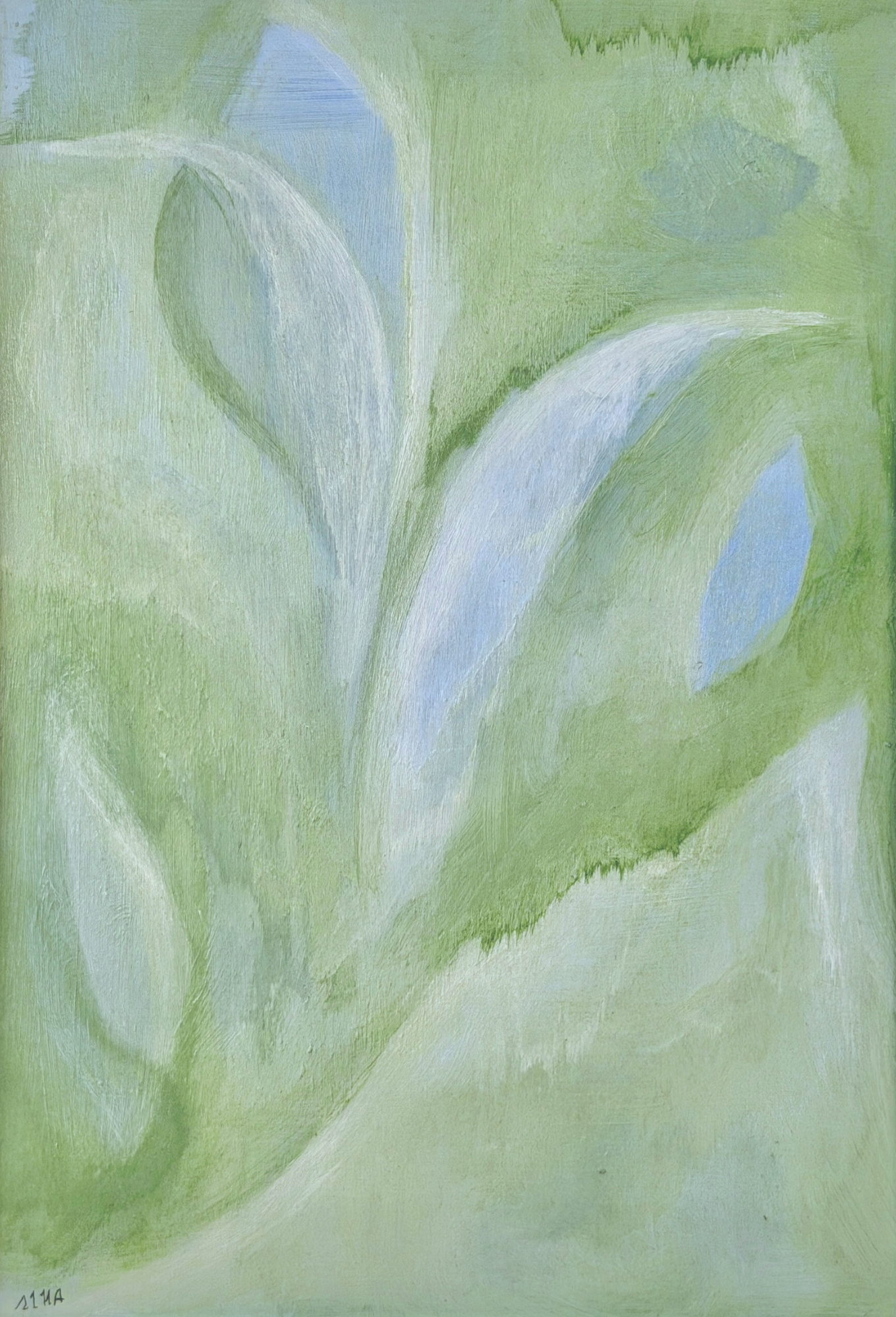 Abstract artwork with soft green and blue hues