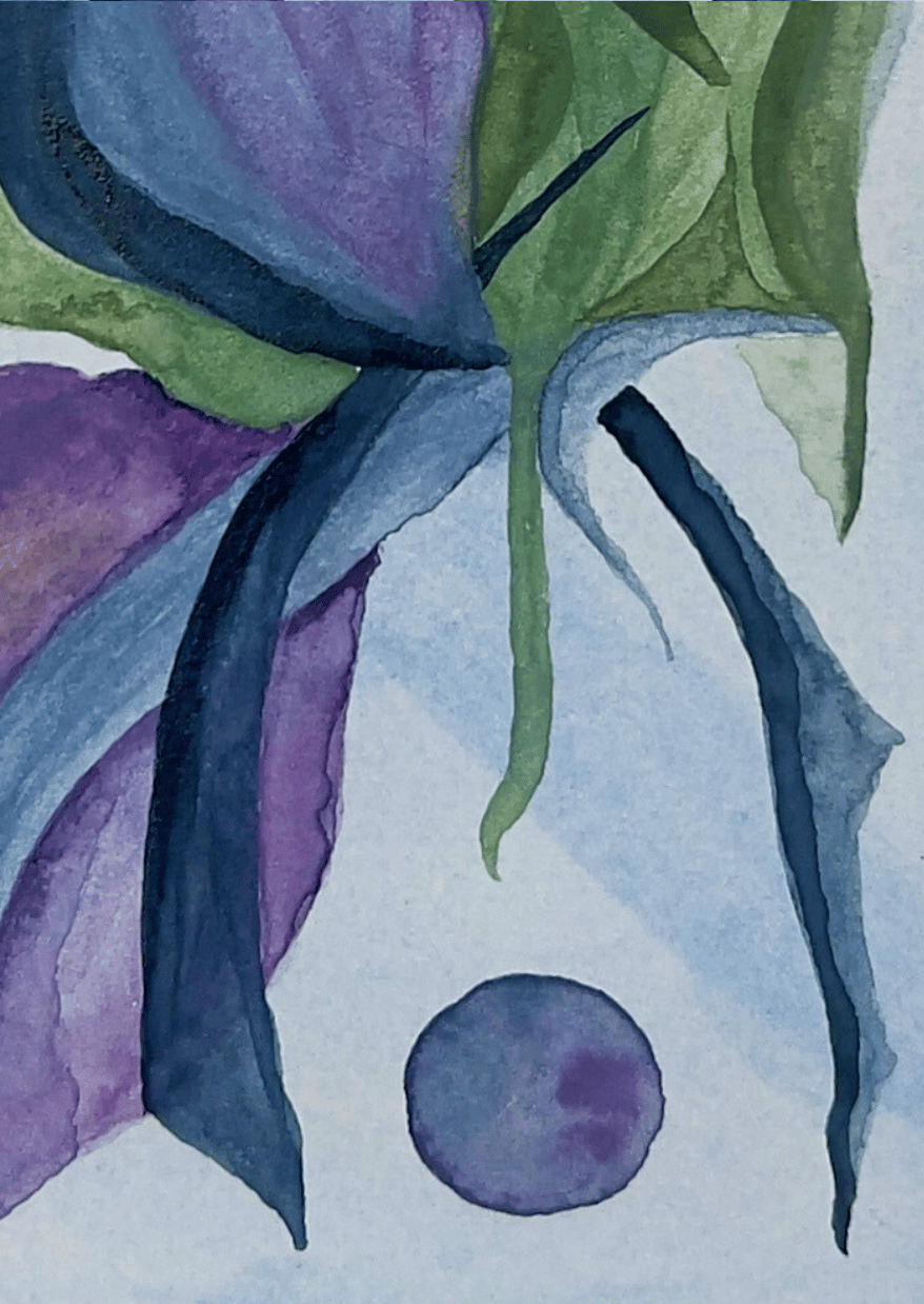 Artistic depiction of purple and green leaves on a light blue background