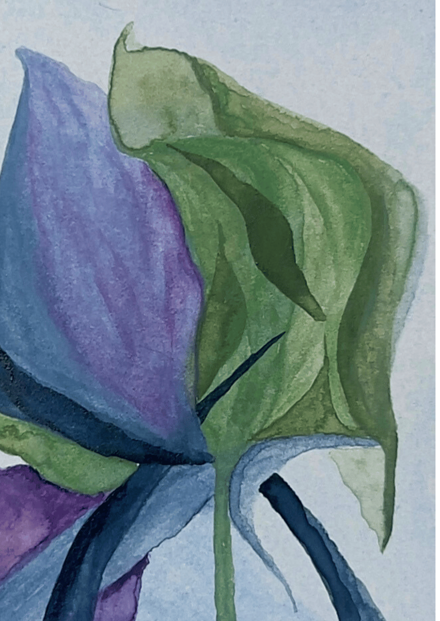Artistic depiction of purple and green leaves on a light blue background