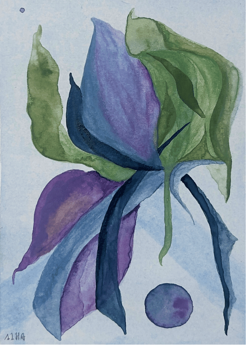 Artistic depiction of purple and green leaves on a light blue background
