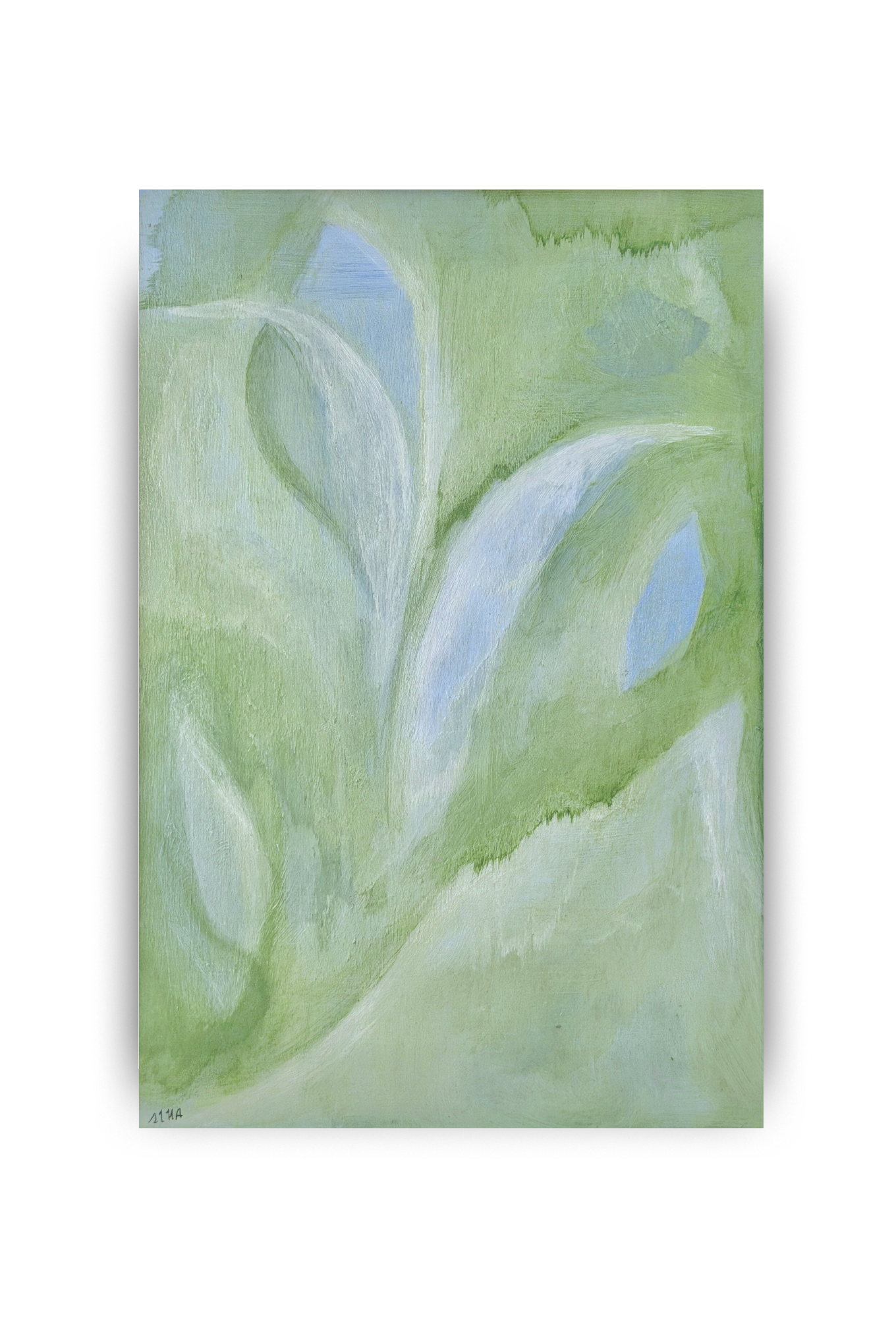 Abstract painting with green and blue hues on a white background