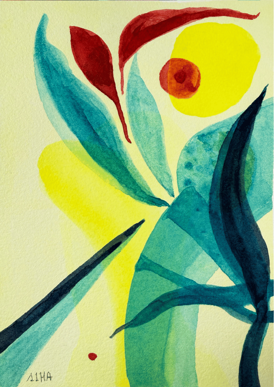 Abstract artwork with colorful leaves and a sun-like shape on a light background