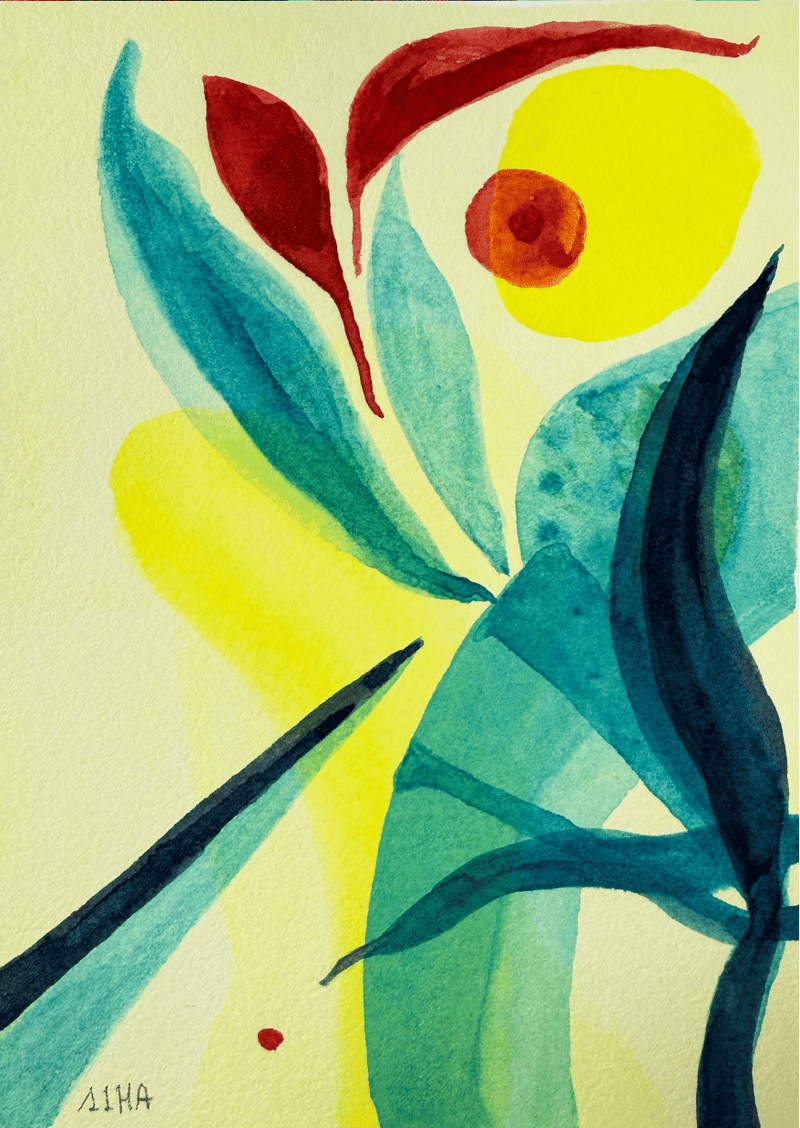 Abstract artwork with colorful leaves and a sun-like shape on a light background