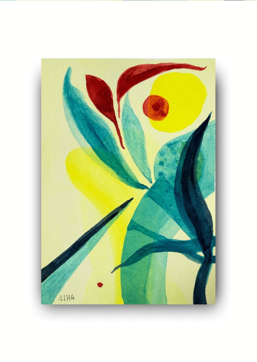 Abstract painting with blue, green, and red elements on a light background