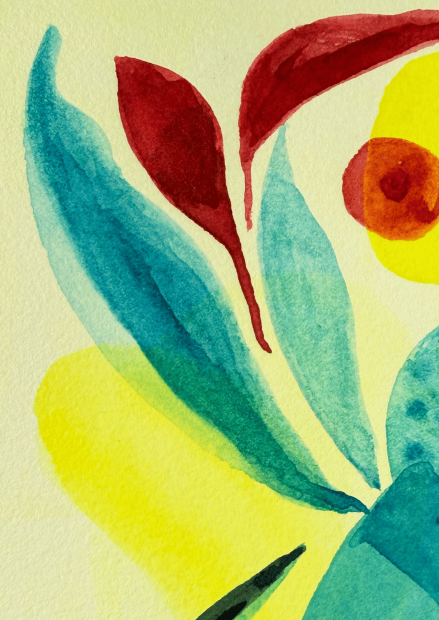 Colorful abstract painting with green, red, and yellow shapes on a beige background