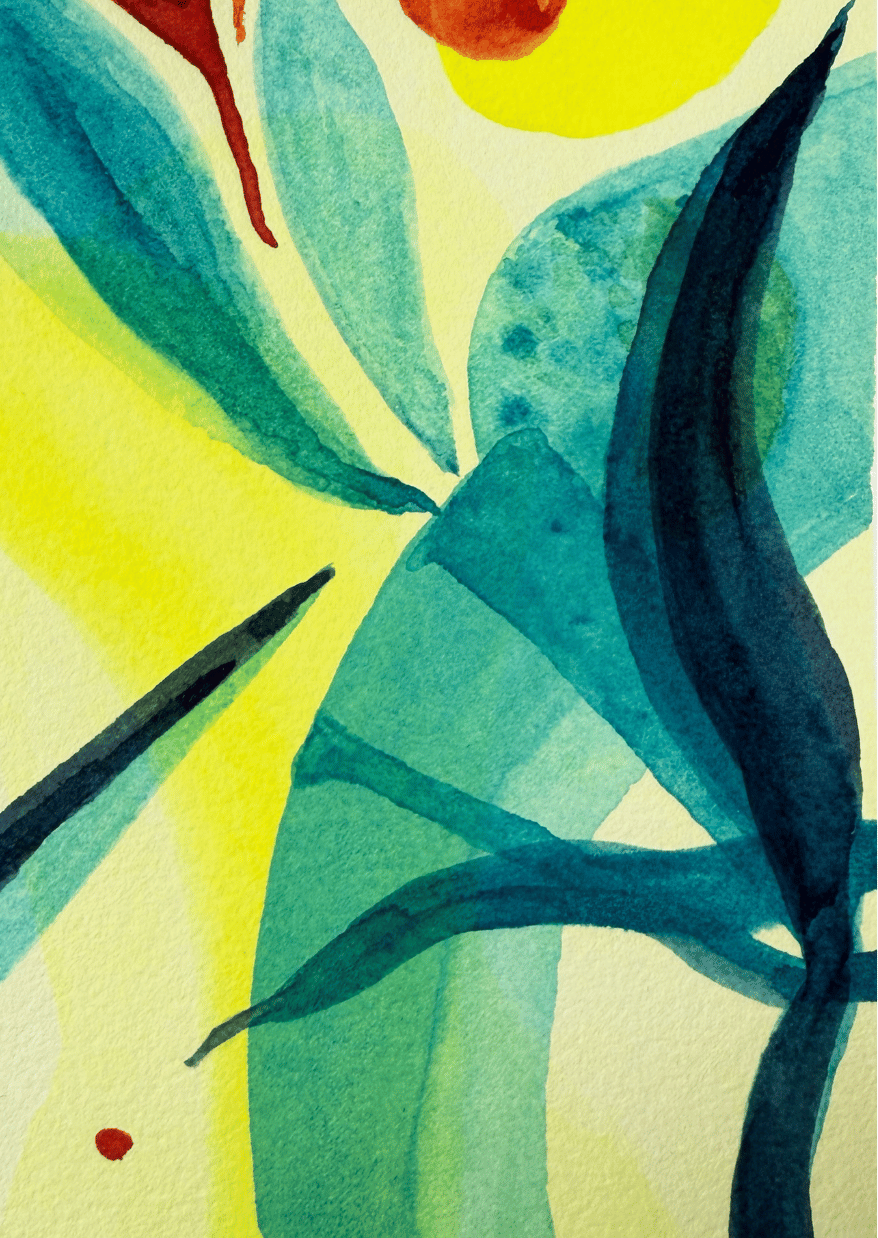 Abstract watercolor painting of leaves with a yellow background