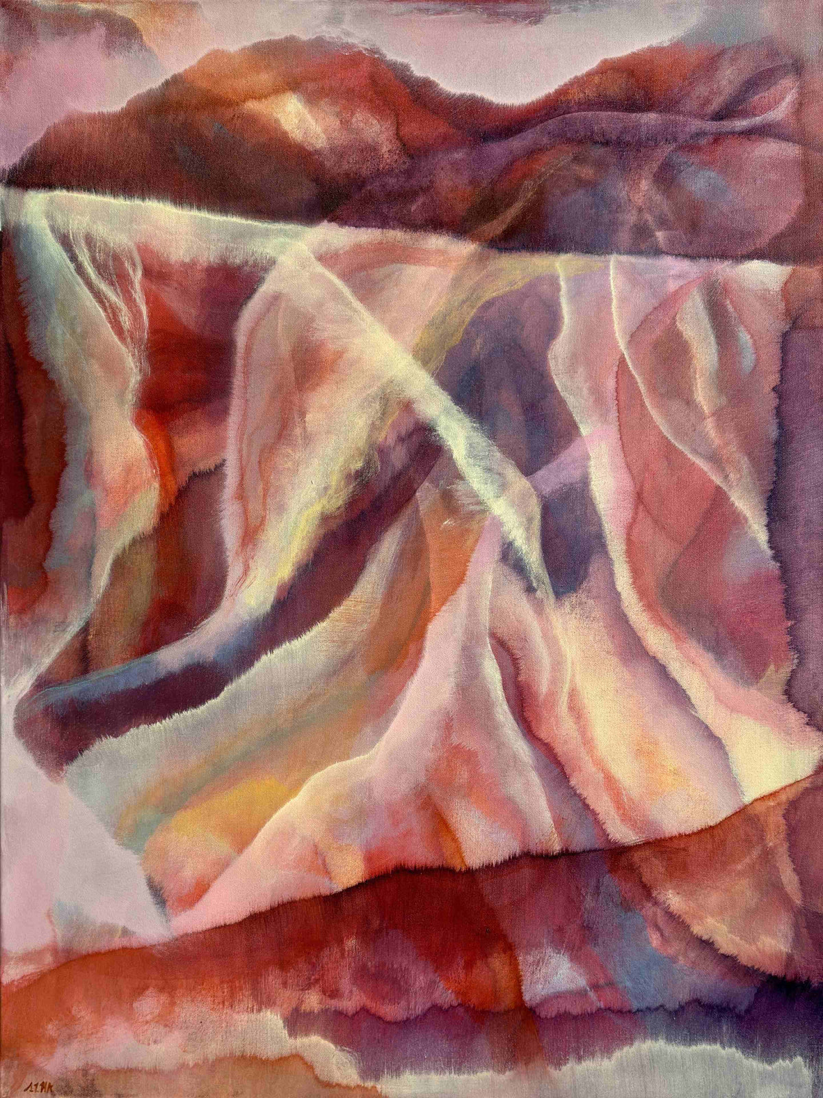 Abstract watercolor painting of colorful fabric with soft, blended colors.