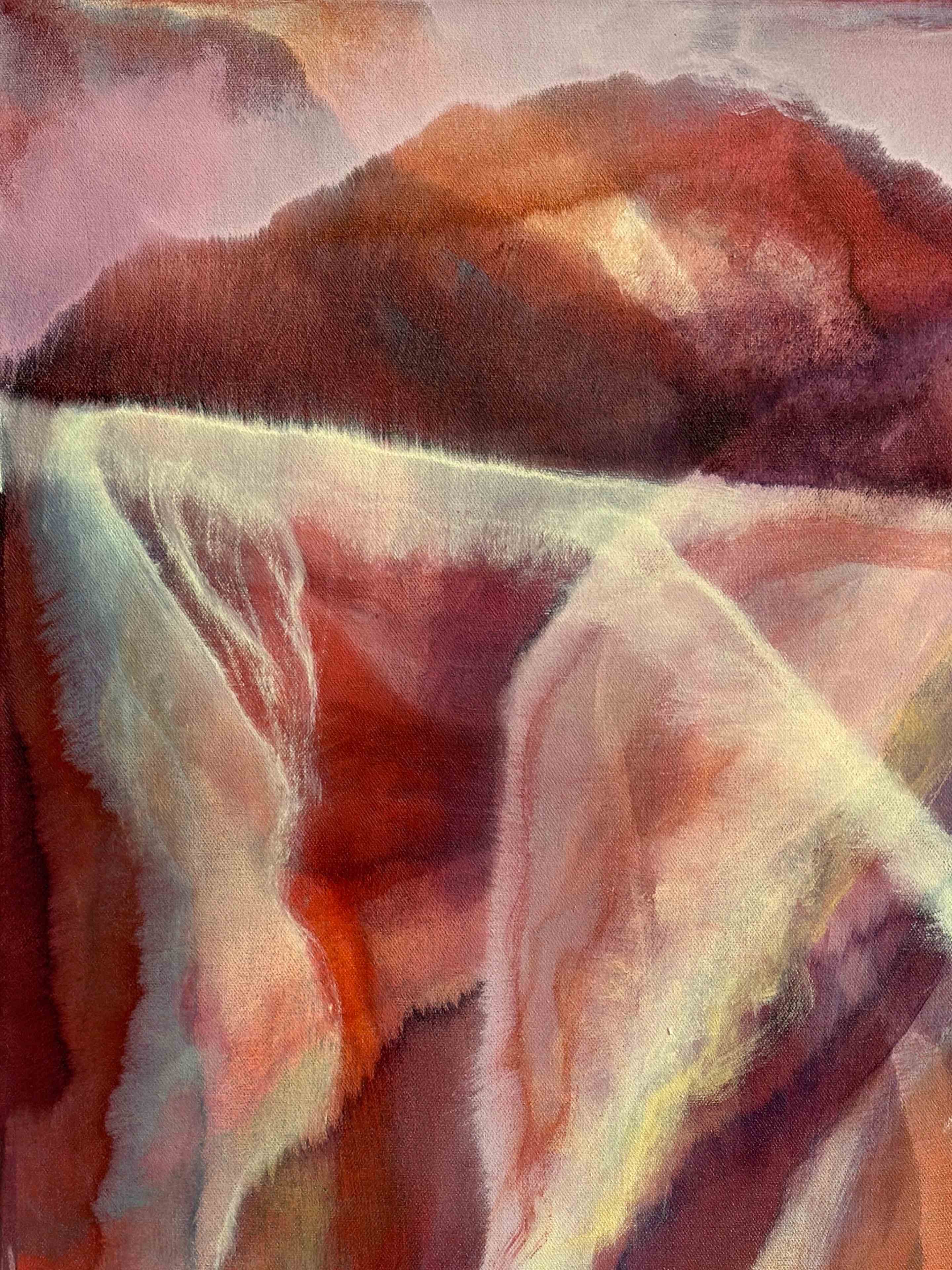 Abstract painting with soft, blended colors in shades of pink, red, and beige.