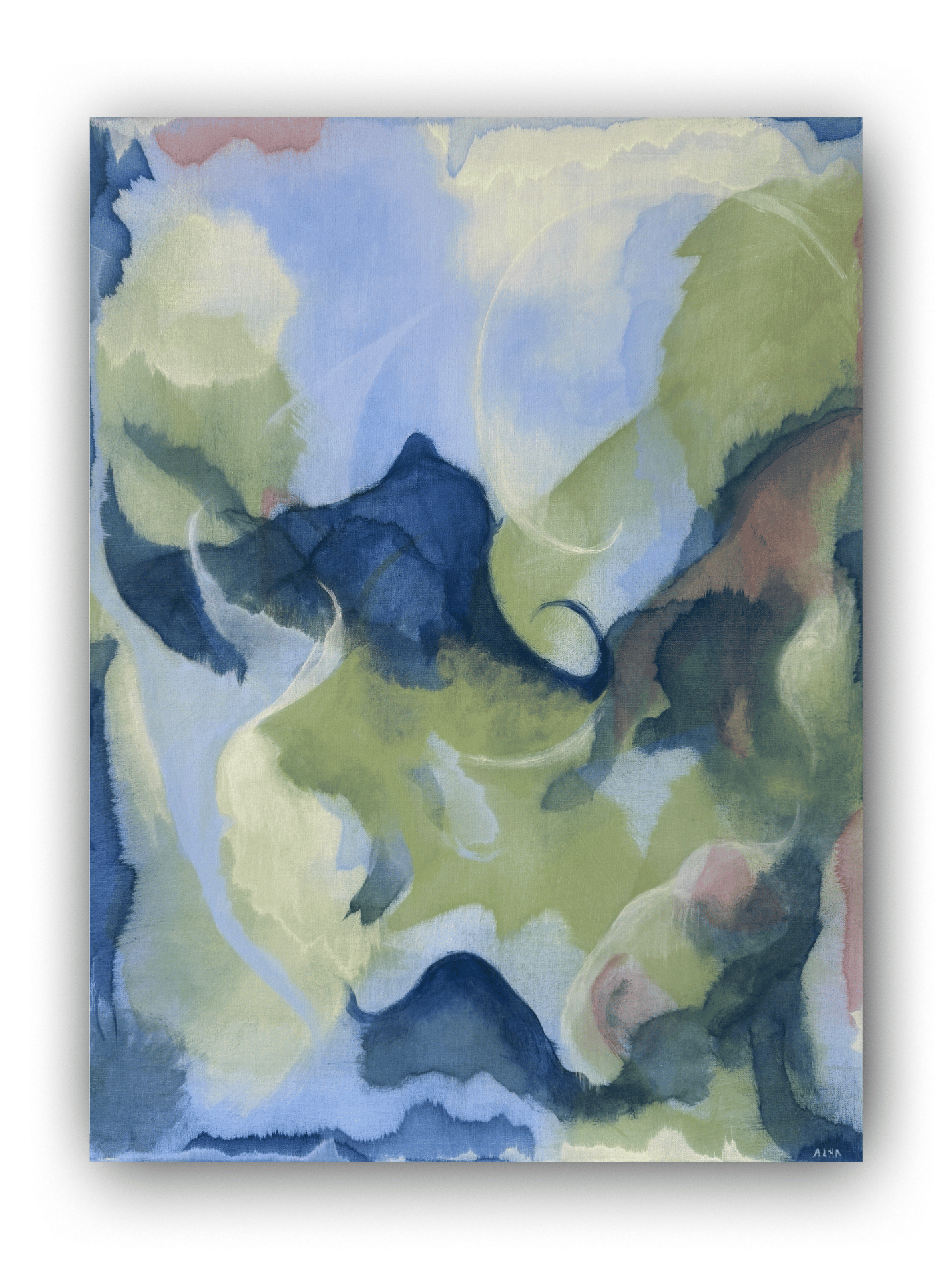 Abstract watercolor painting with blue, green, and brown colors on a white background