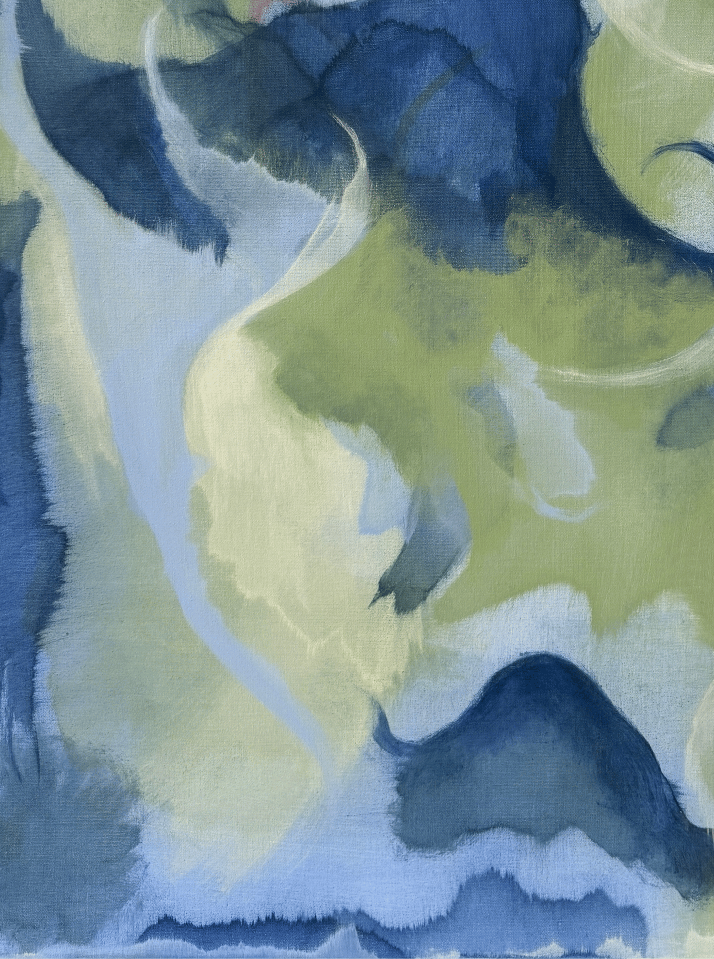 Abstract watercolor design with blue, green, and white colors.