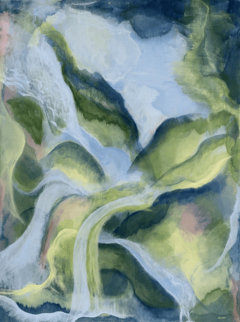 Abstract watercolor painting with green, blue, and white colors