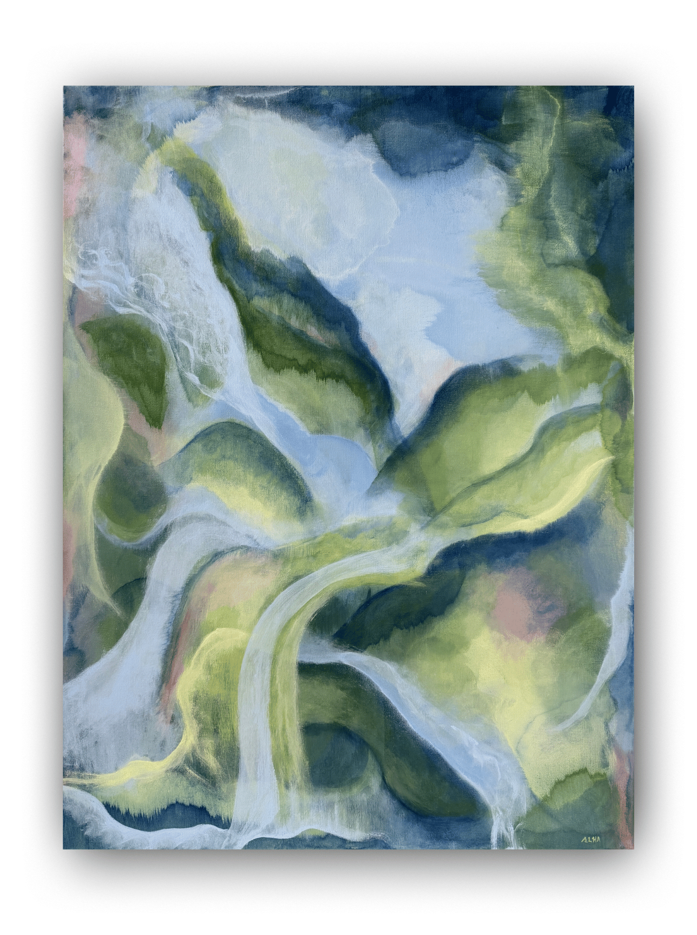 Abstract painting with green and blue hues on a white background