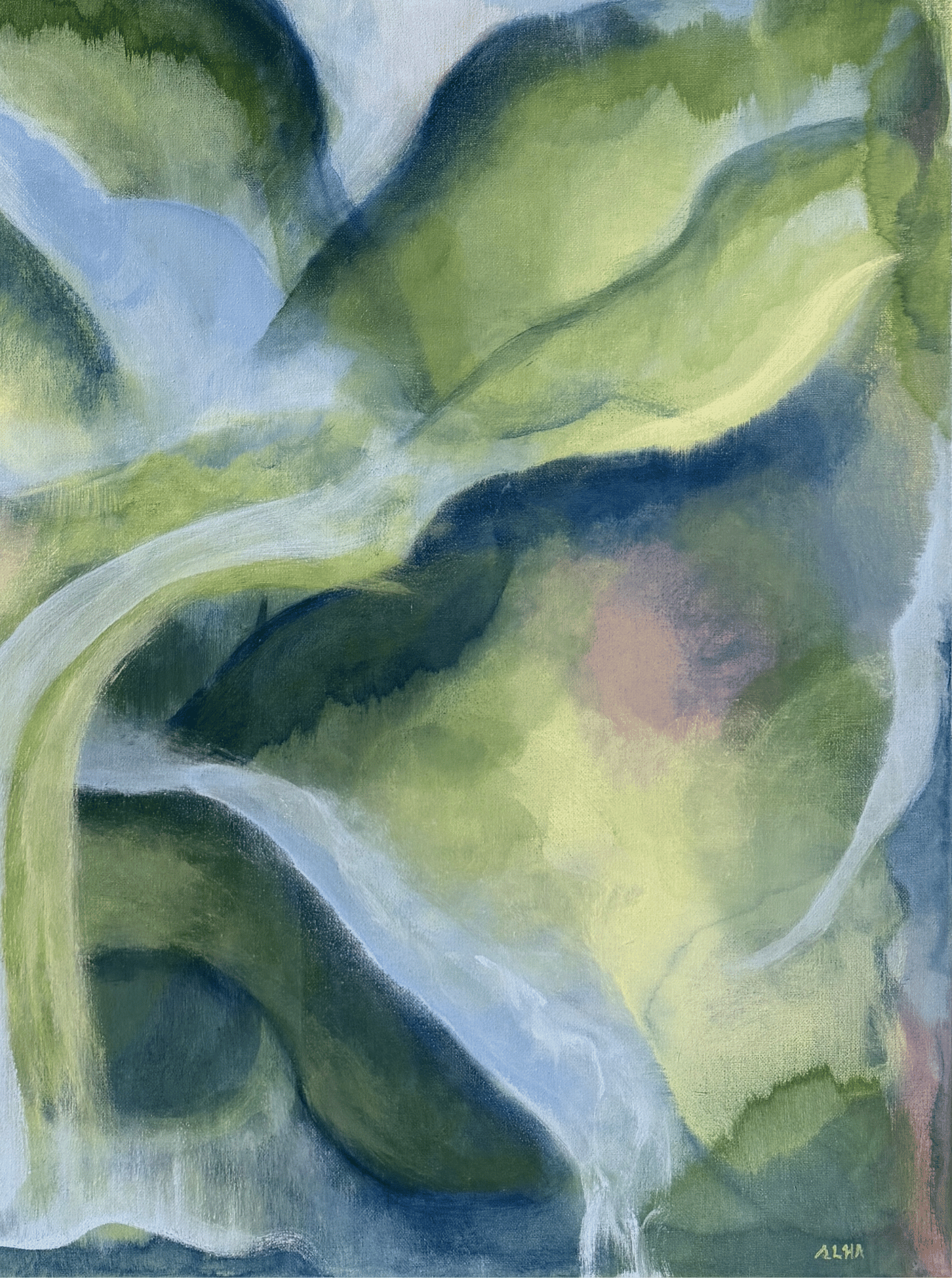 Abstract painting with green and blue hues