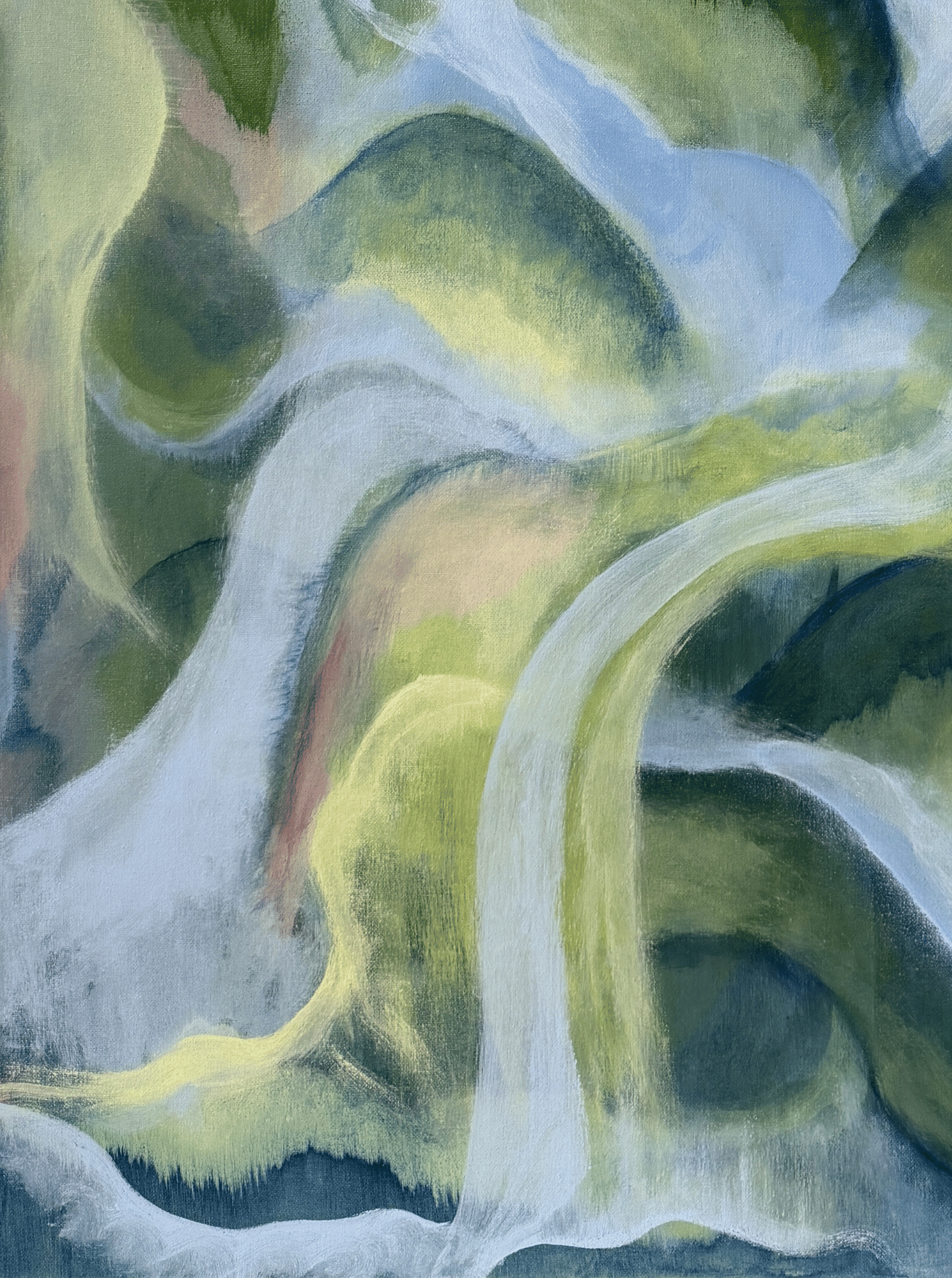Abstract watercolor painting with swirling green, blue, and white patterns
