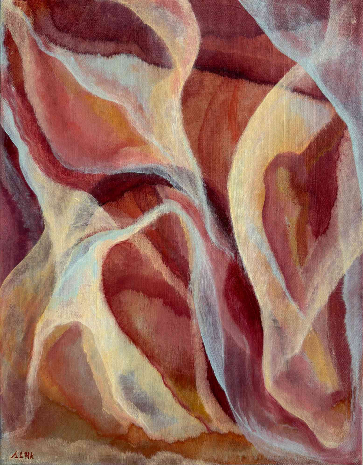Abstract artwork with wavy, flowing lines in shades of red, orange, and beige.