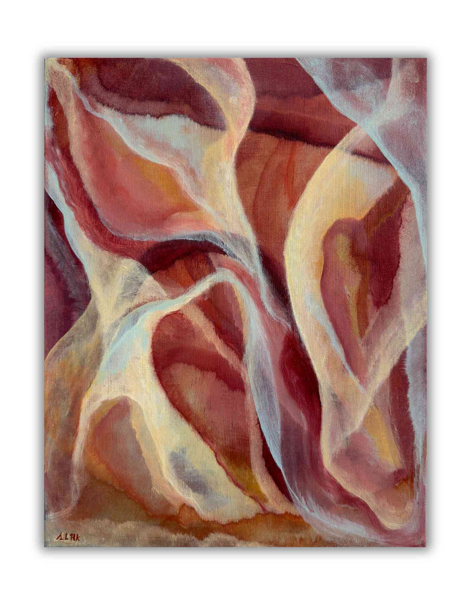 Abstract painting with wavy lines in red, orange, and beige on a white background