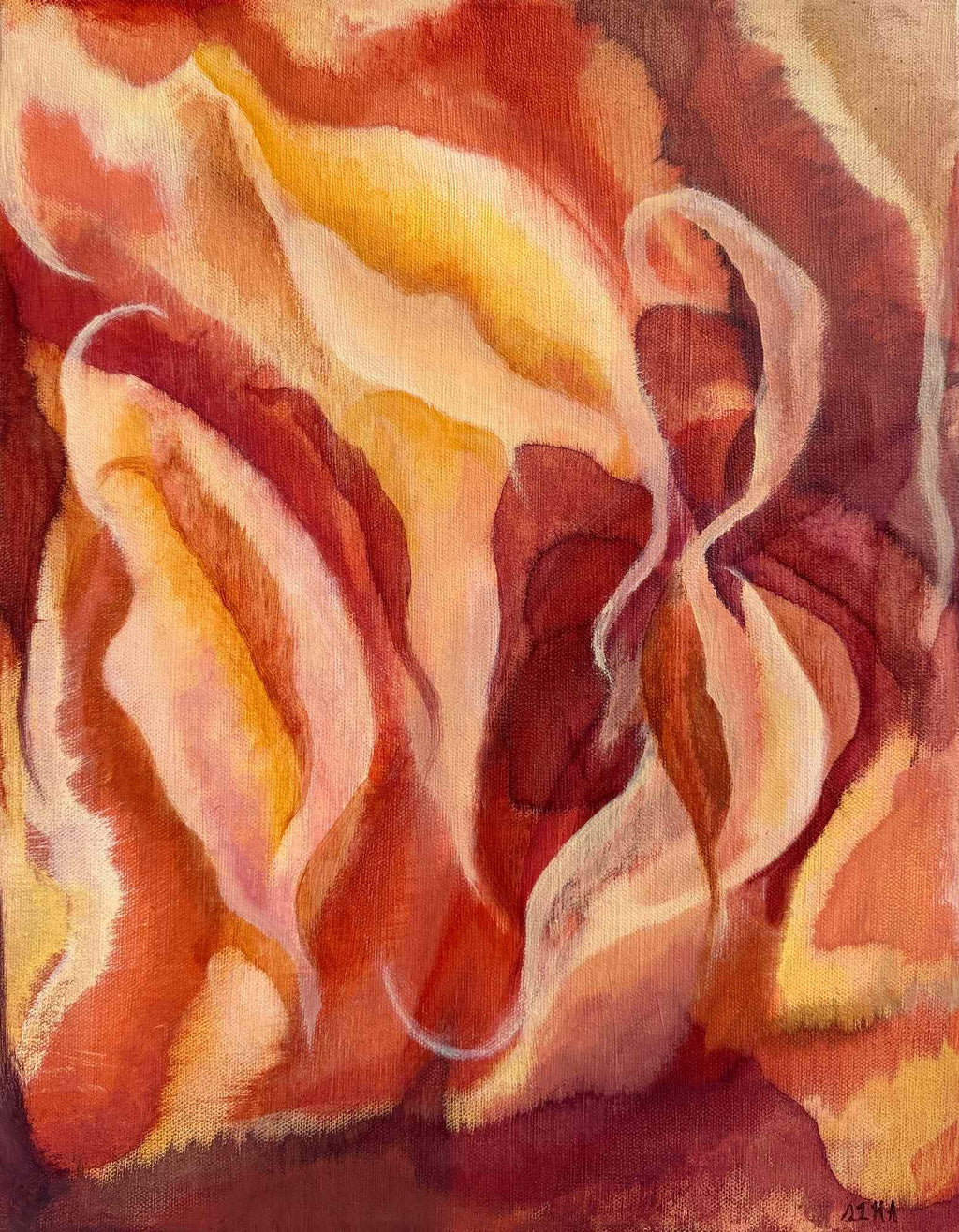 Abstract painting with warm colors and wavy lines