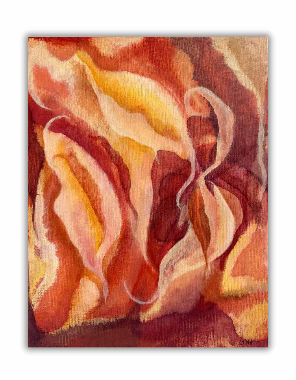 Abstract painting with swirling red, orange, and yellow colors on a white background