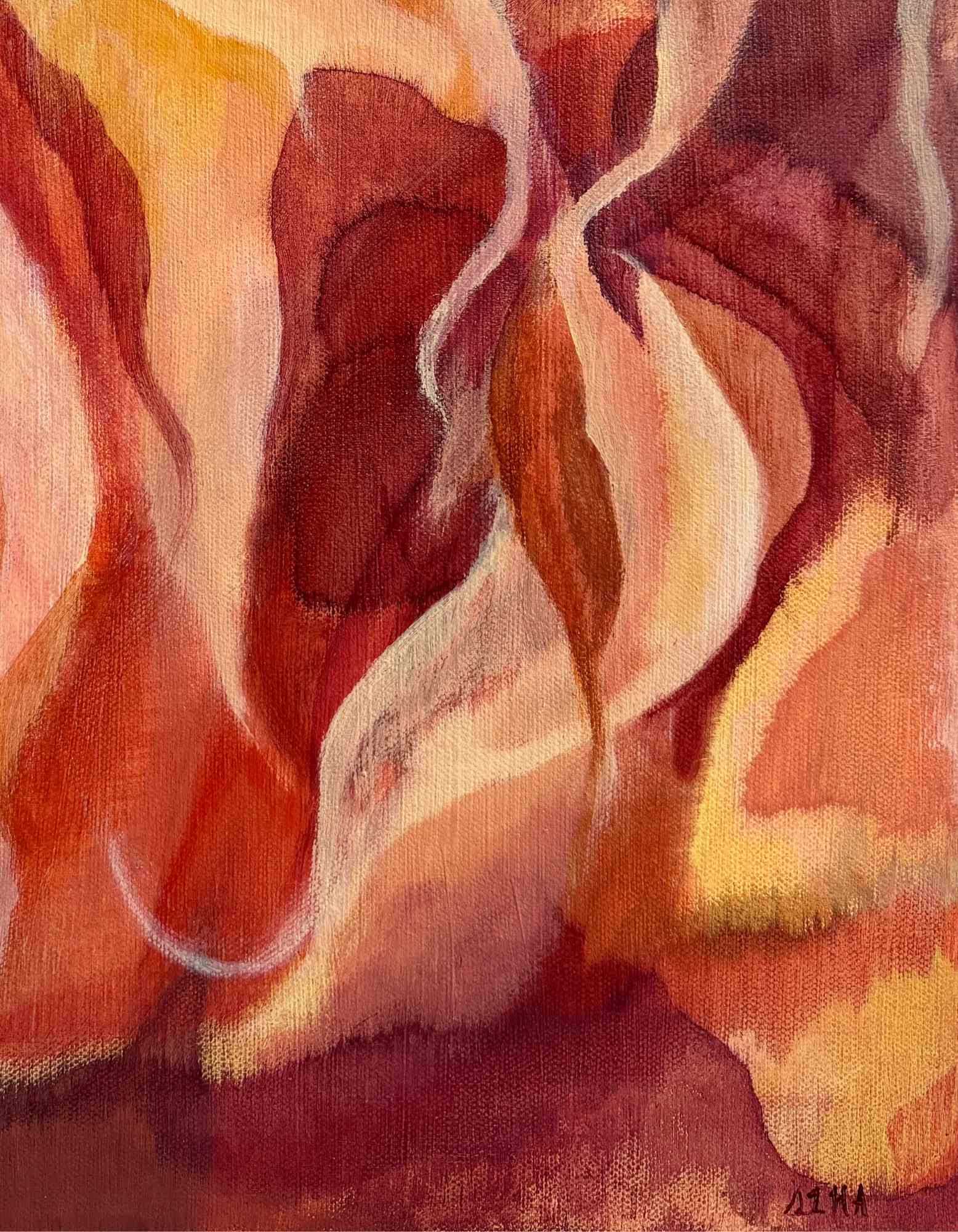 Abstract artwork with wavy lines in warm colors on a textured surface