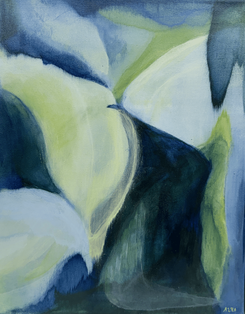 Abstract painting with blue, green, and white colors