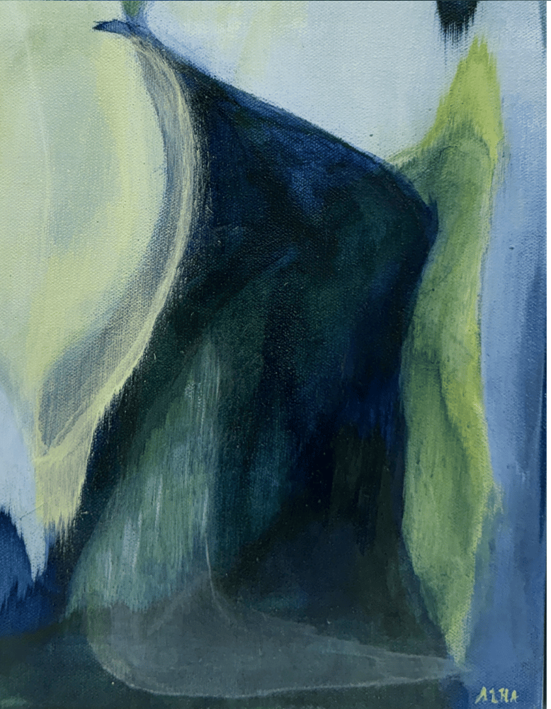 Abstract painting with dark blue, green, and yellow colors on a textured surface.