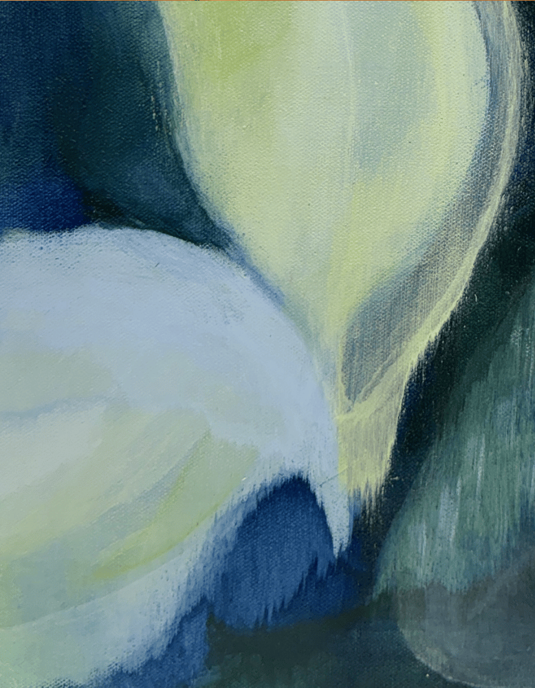 Abstract painting with blue, green, and white colors