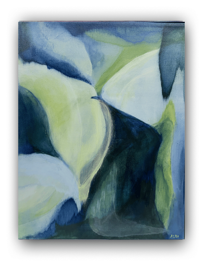 Abstract painting with blue, green, and white colors on a white background