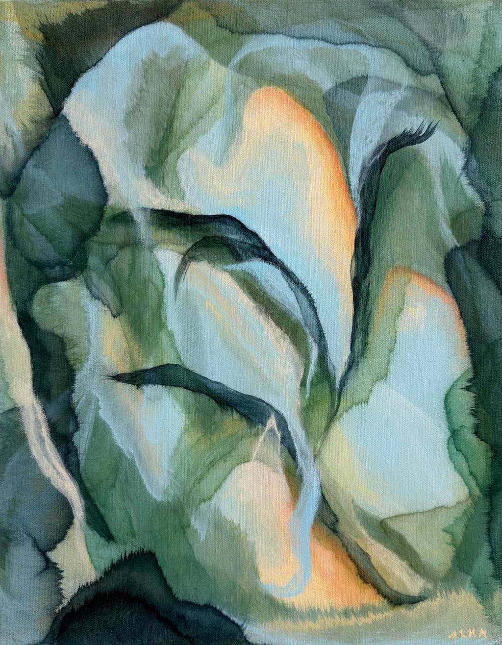Artistic depiction of a flower with green, white, and orange colors.