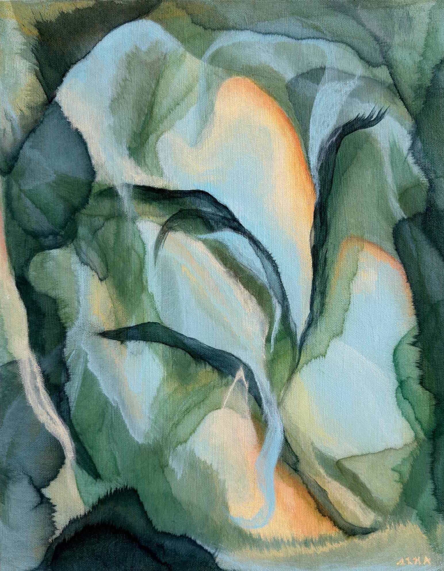 Artistic depiction of a flower with green, white, and orange colors.