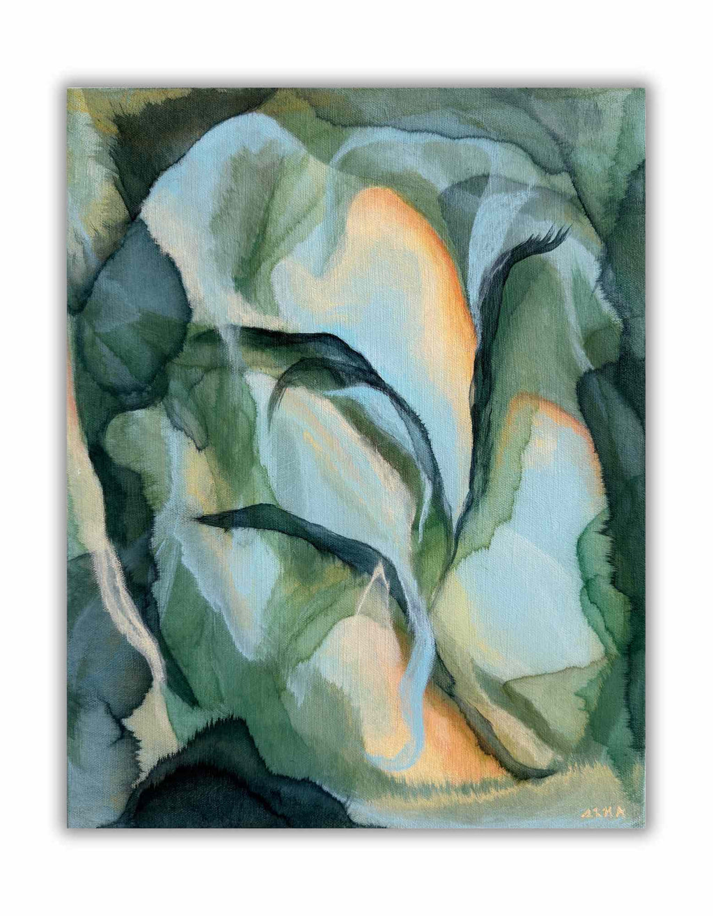 Abstract painting with green, blue, and orange hues on a white background