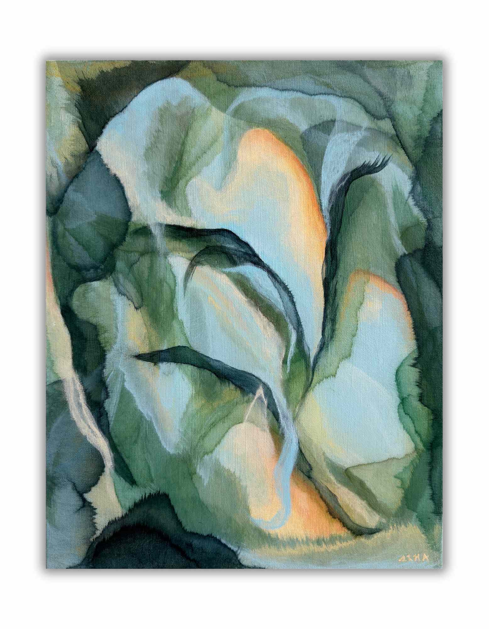 Abstract painting with green, blue, and orange hues on a white background