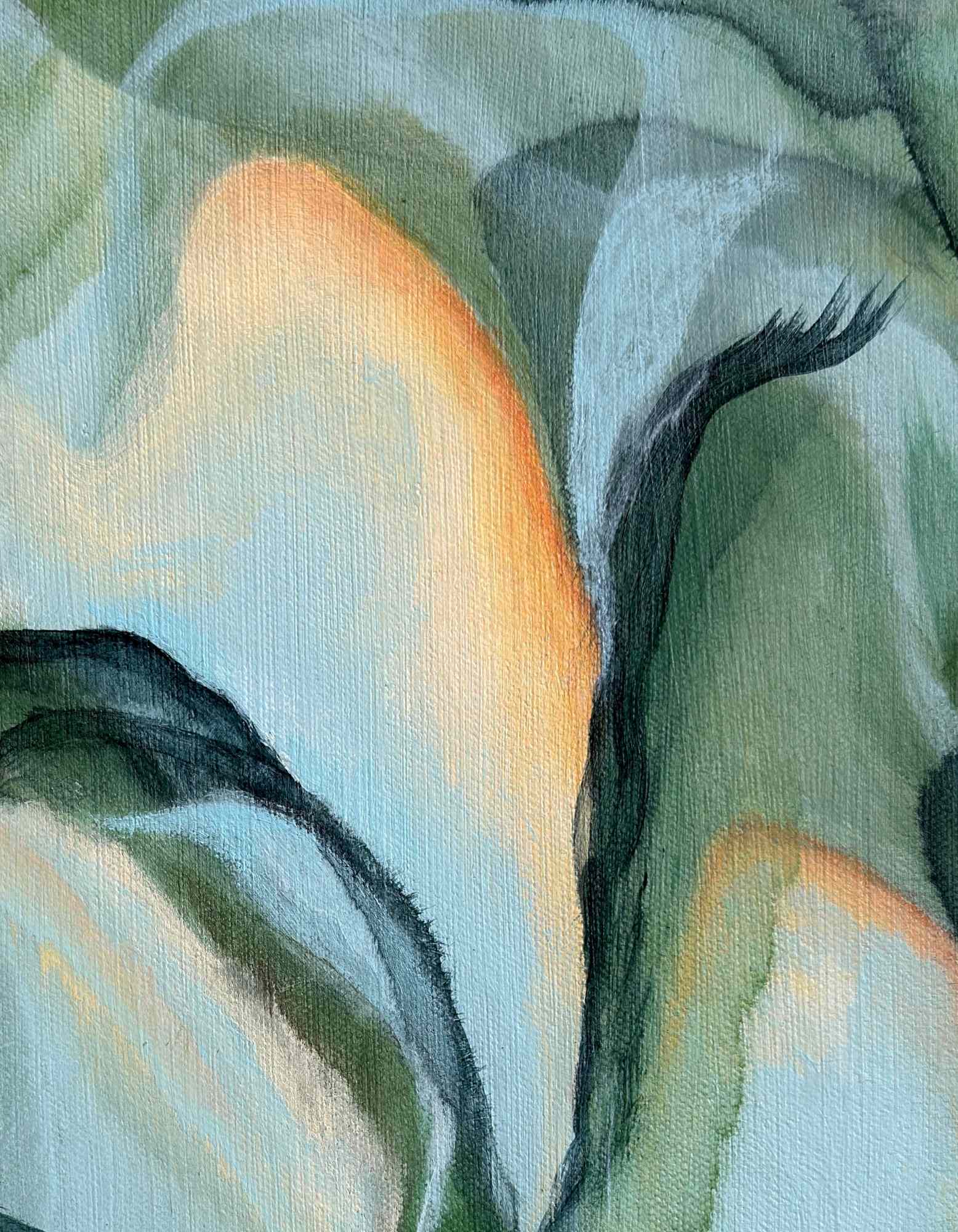 Abstract painting with soft, blended colors on a textured surface
