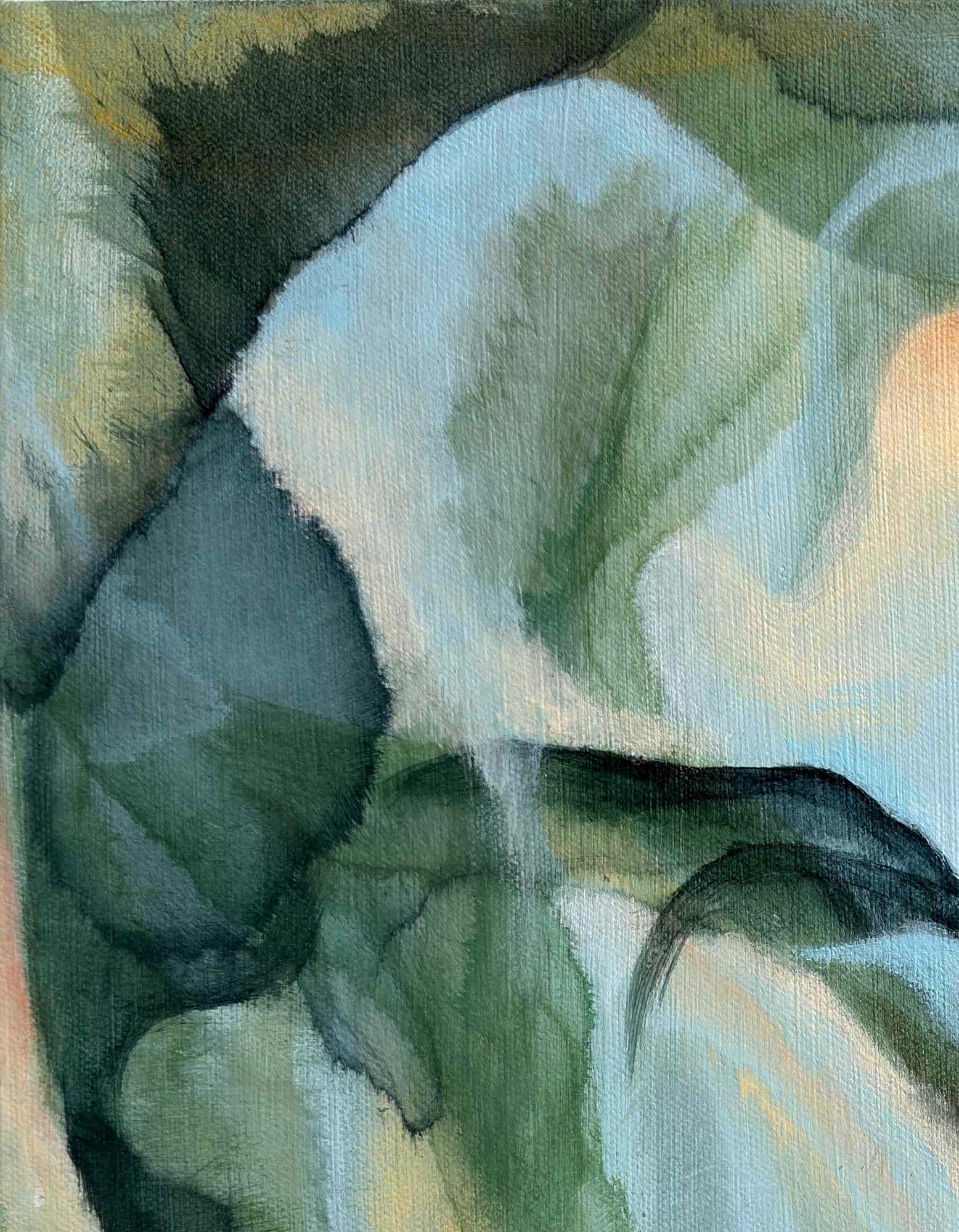 Abstract painting with soft, blended colors in greens and beiges