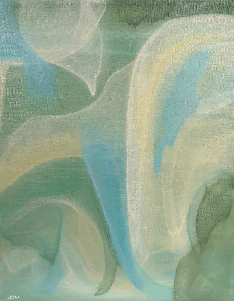 Abstract art with wavy lines in green, blue, and beige tones.