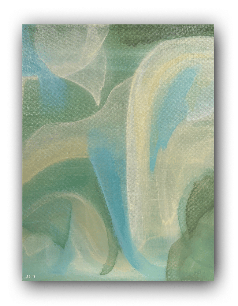 Abstract art print with green and blue abstract design on a white background