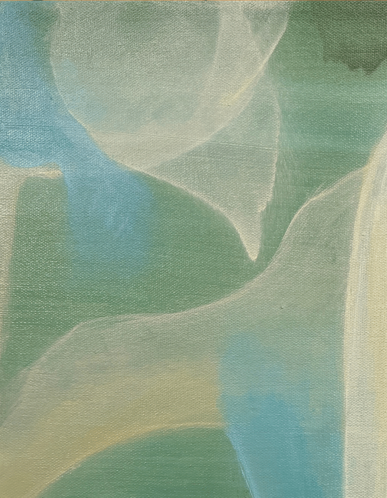 Abstract art with wavy lines in green, blue, and beige tones.