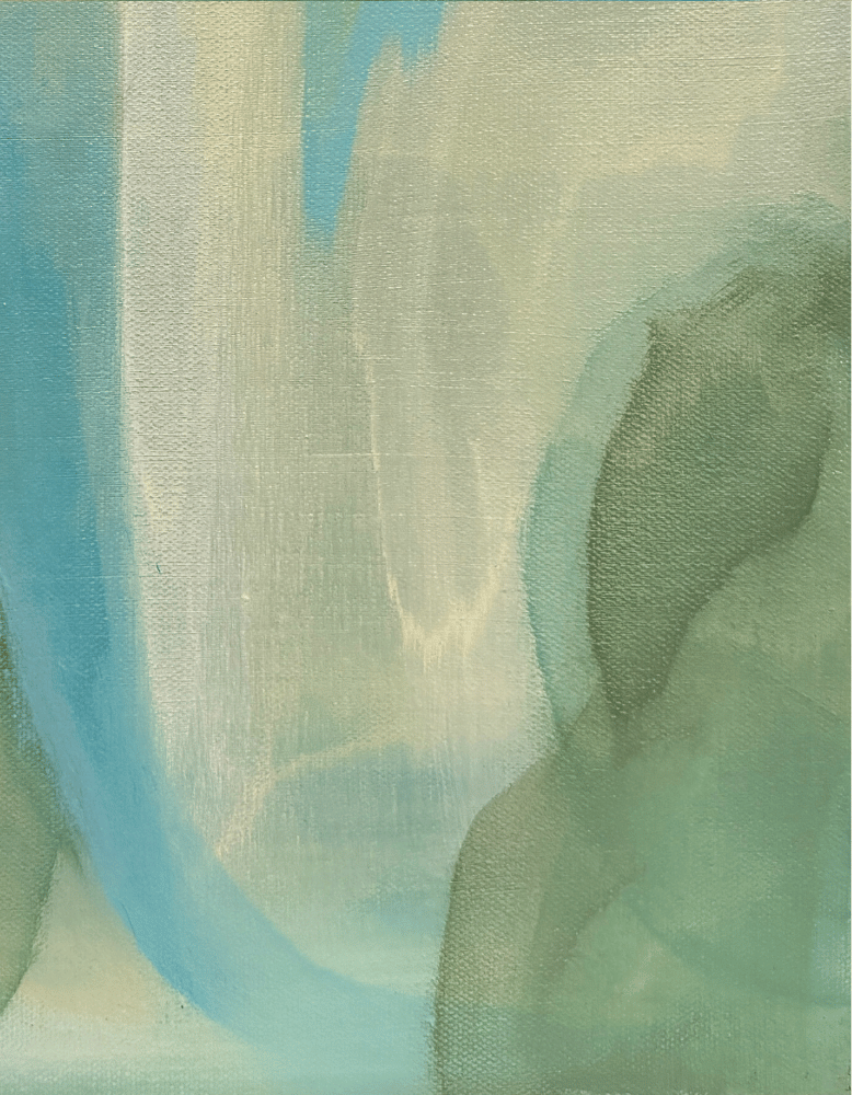 Abstract art with soft, blended colors in green, blue, and beige.