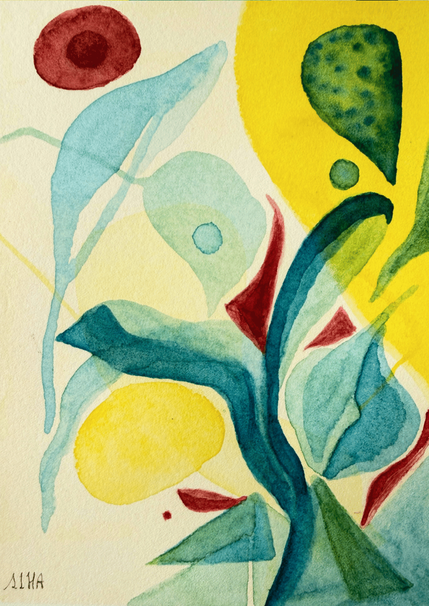 Abstract artwork with colorful shapes on a beige background