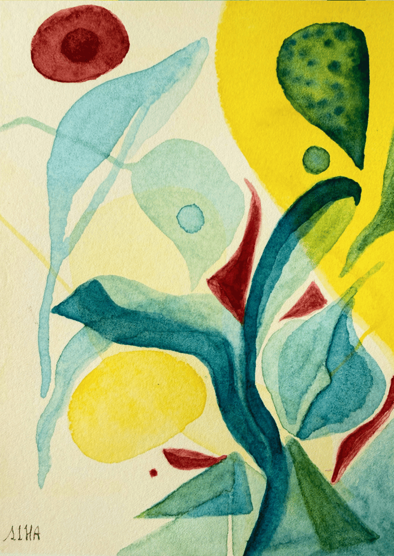 Abstract artwork with colorful shapes on a beige background