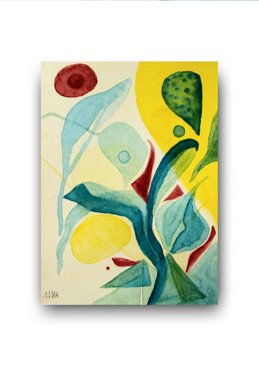 Abstract artwork with colorful shapes on a yellow background