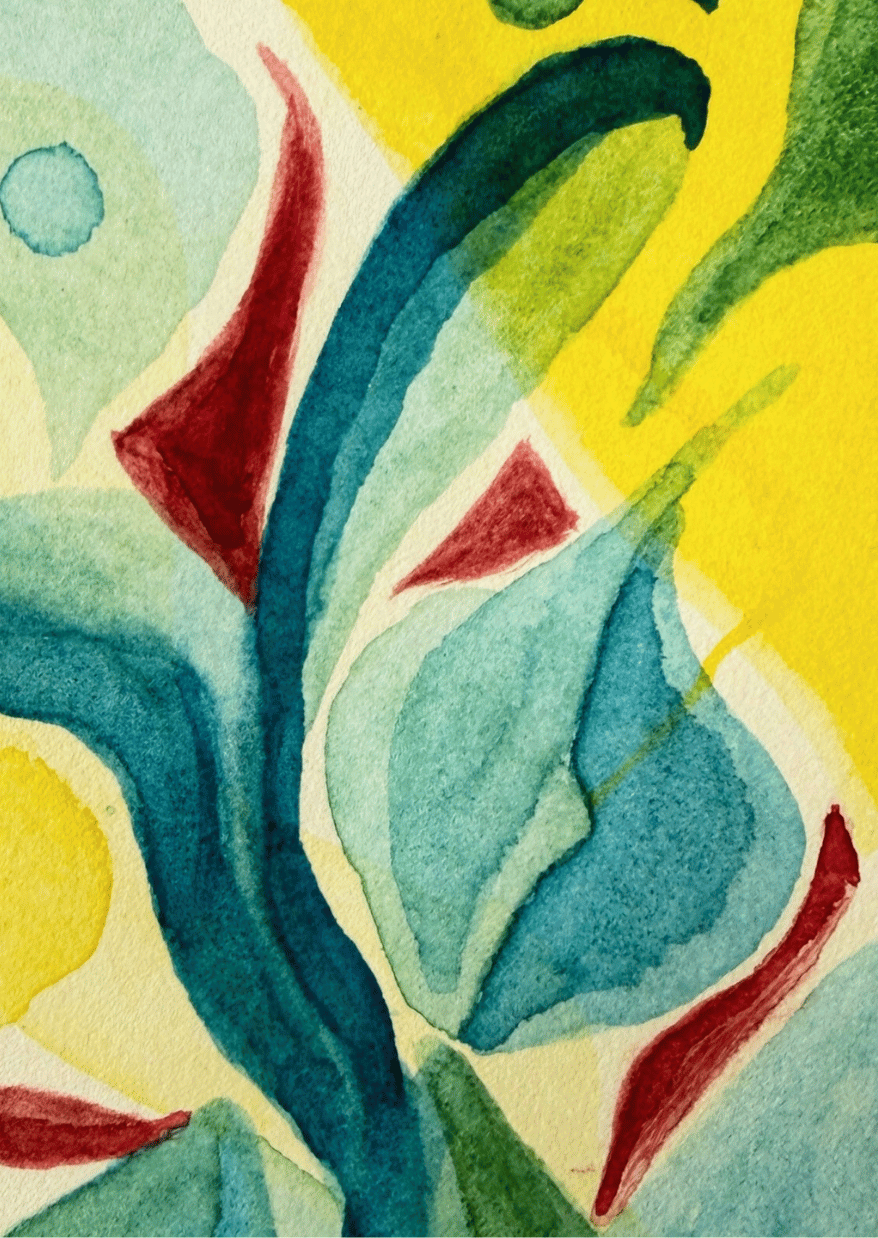 Colorful abstract pattern with green, red, and yellow colors on a textured surface.