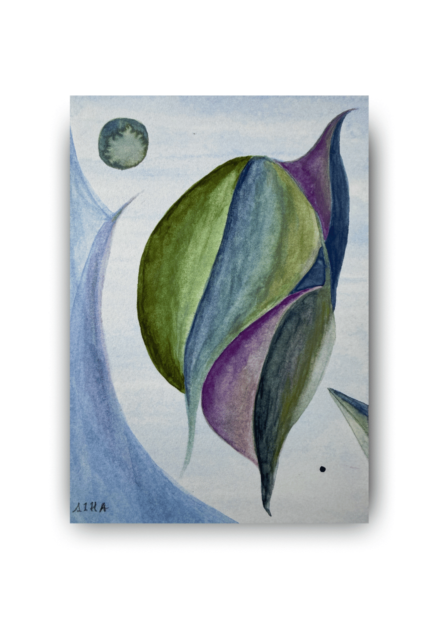 Abstract painting with green and purple leaves on a light blue background
