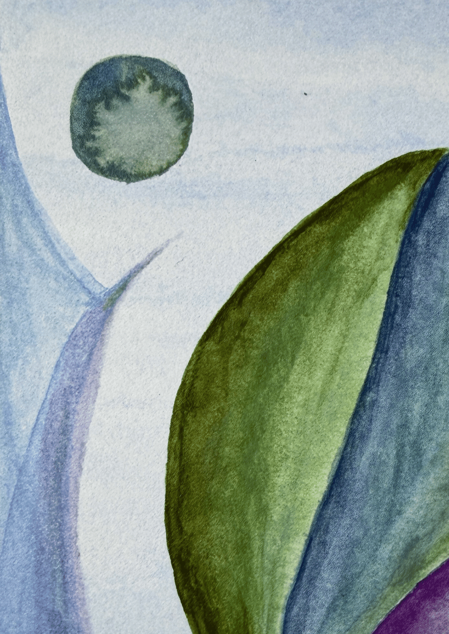 Abstract watercolor painting with green and blue shapes on a light background