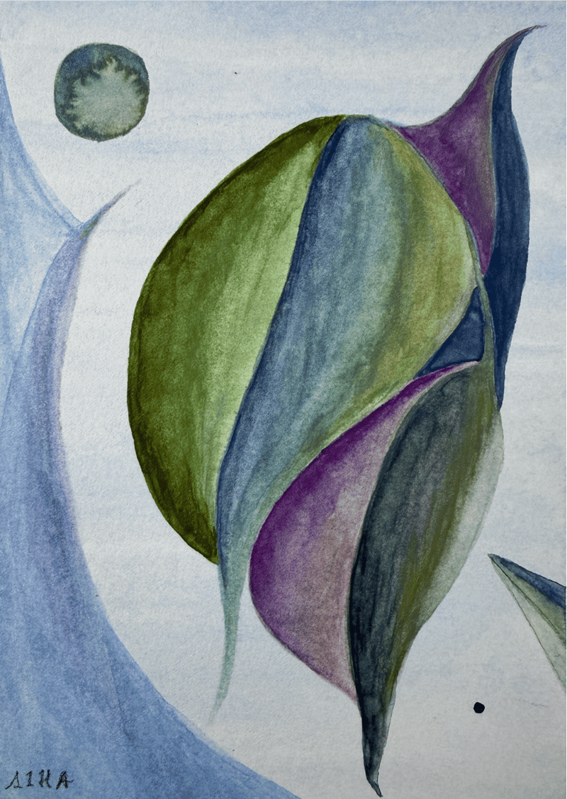 Abstract watercolor painting of green and purple leaves on a light background