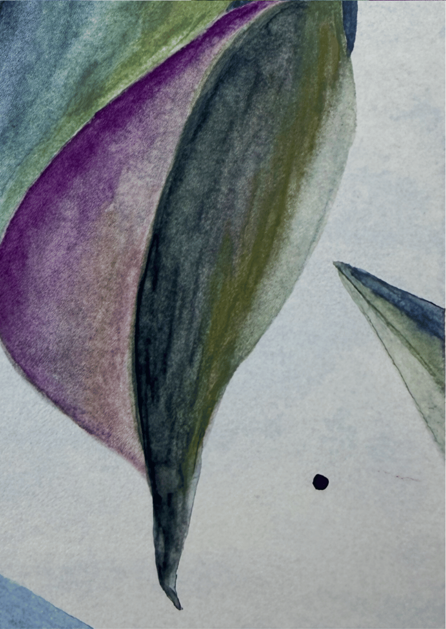 Abstract watercolor painting with purple, green, and blue shapes on a textured white background