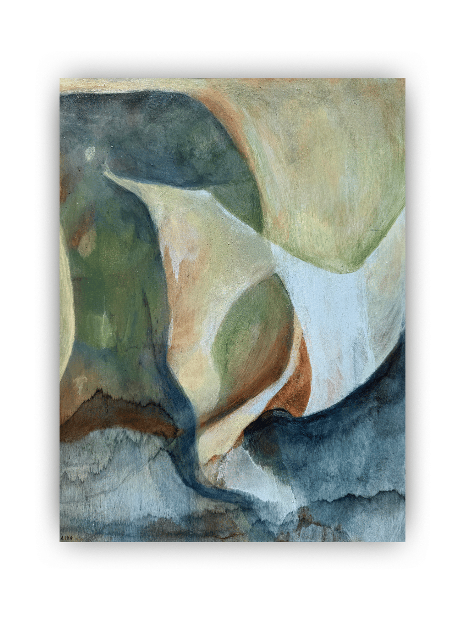 Abstract art piece with swirling colors on a white background