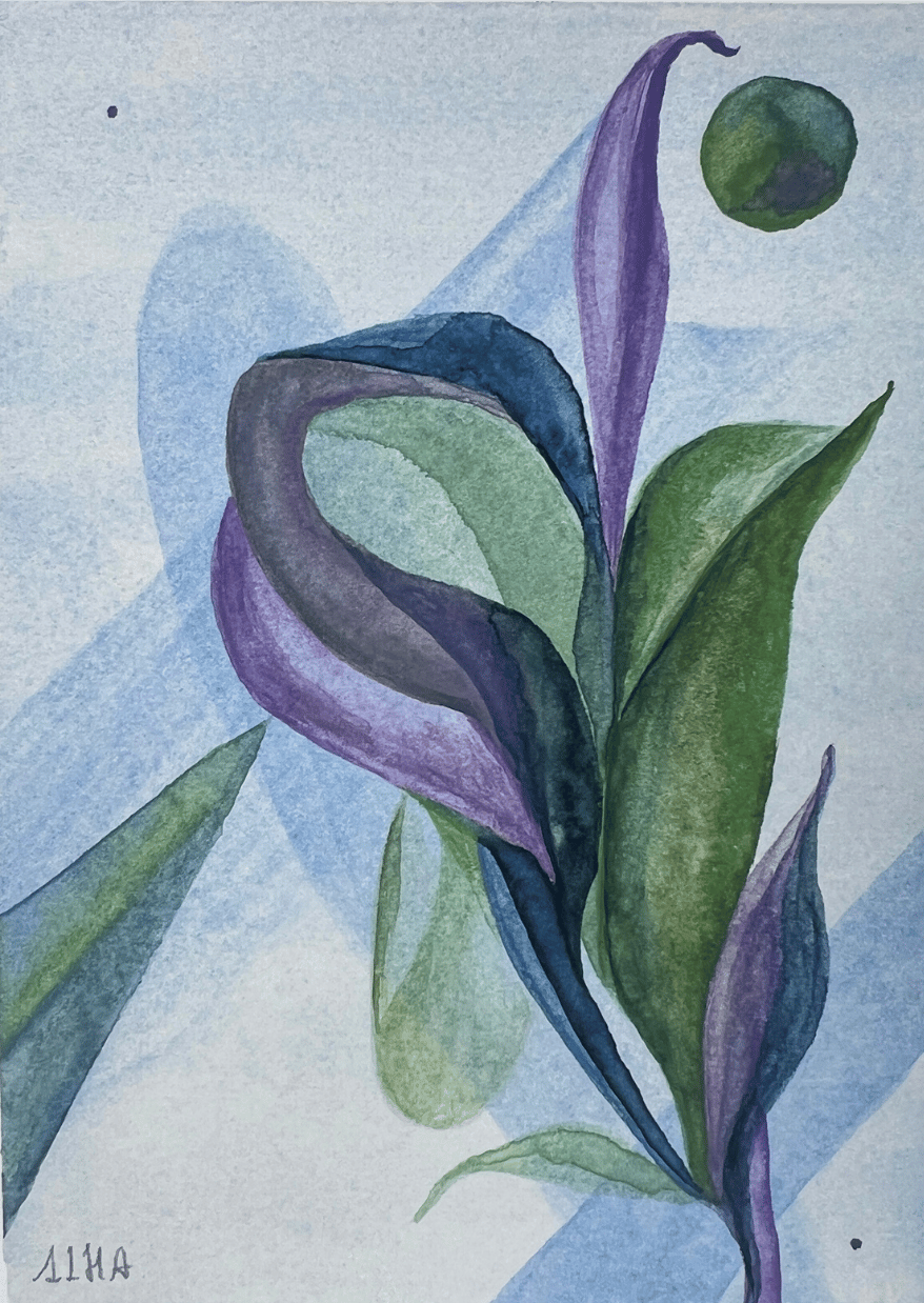 Artistic illustration of a purple flower with green leaves on a light blue background