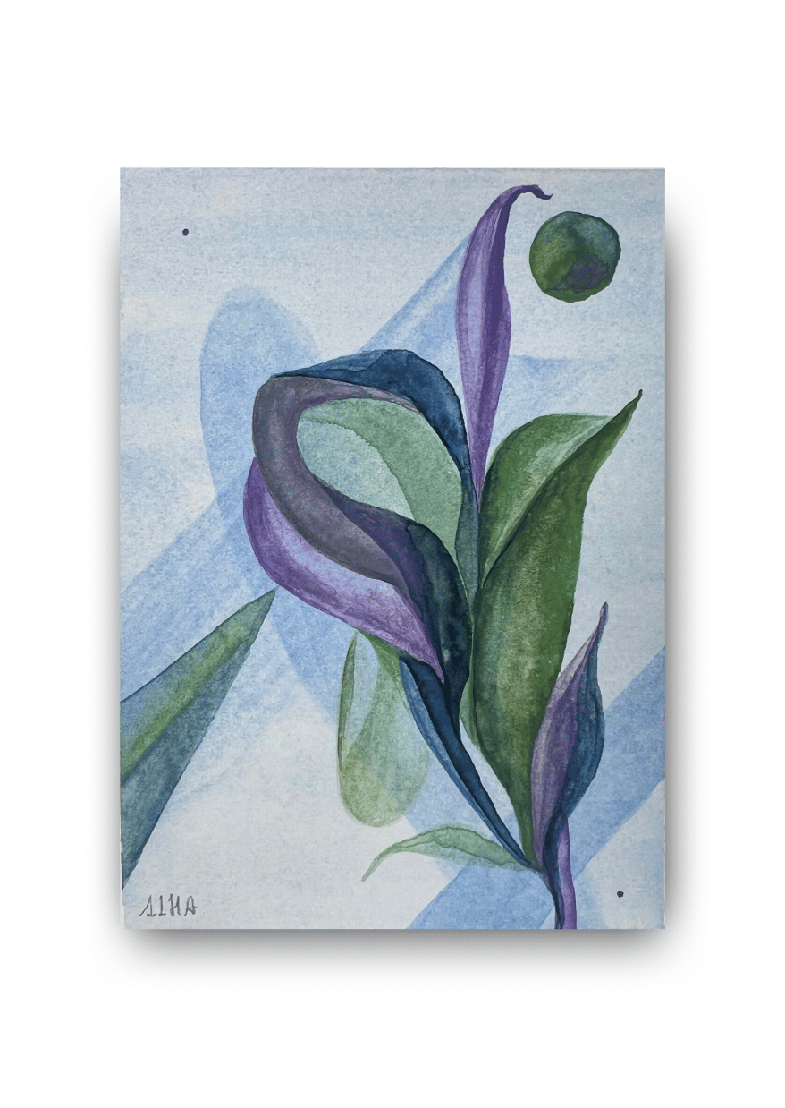 Canvas print of a stylized floral design with purple and green leaves on a light blue background.